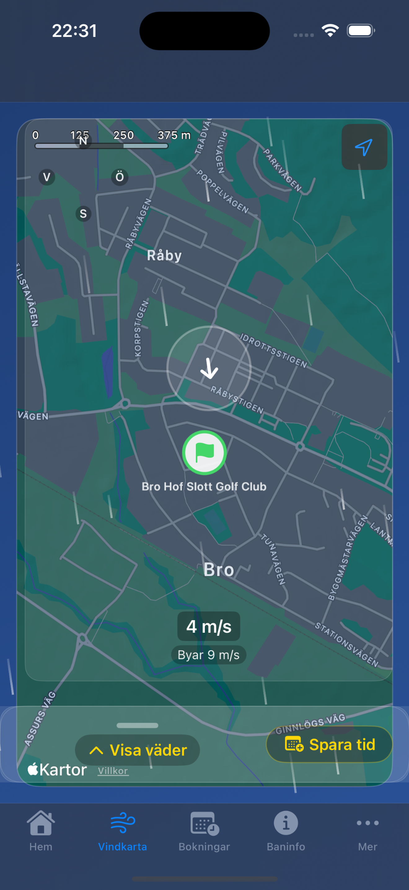 Favoritmarkerade golfbanor och sökfunktion i Golfväder appen